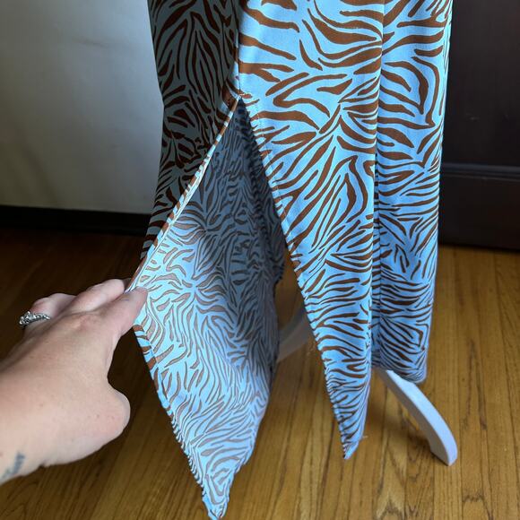 ZARA | Baby Blue and Brown Zebra V Neck Cocktail Dress with Slit | Size Small - Picture 5 of 6
